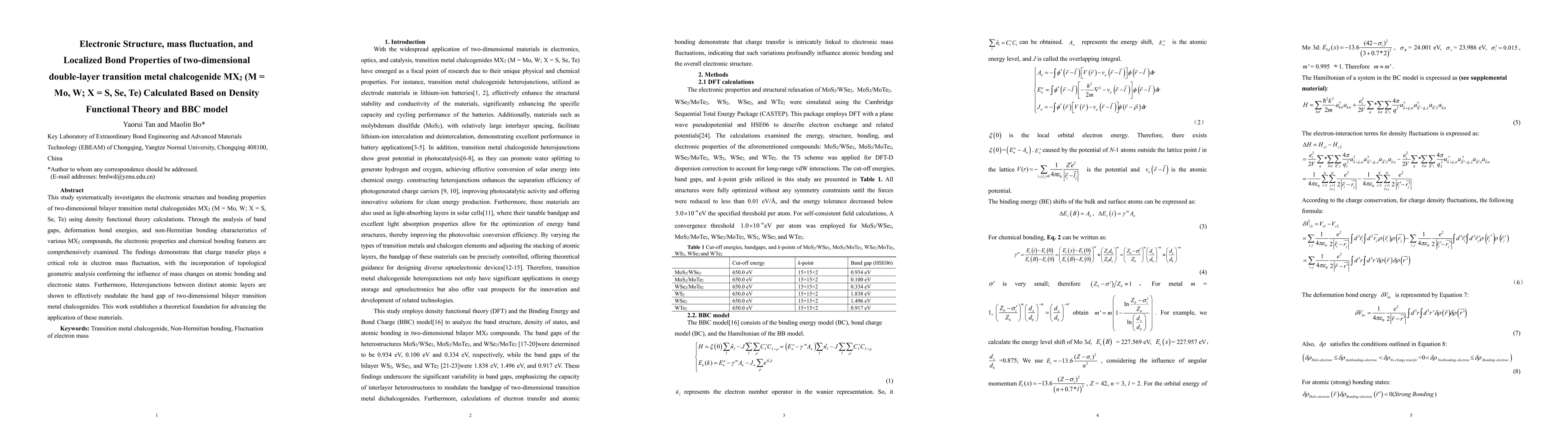 Thumbnail for Electronic Structure, mass fluctuation, and Localized Bond Properties of
  two-dimensional double-layer transition metal chalcogenide MX$_2$ (M = Mo, W;
  X = S, Se, Te) Calculated Based on Density Functional Theory and BBC model