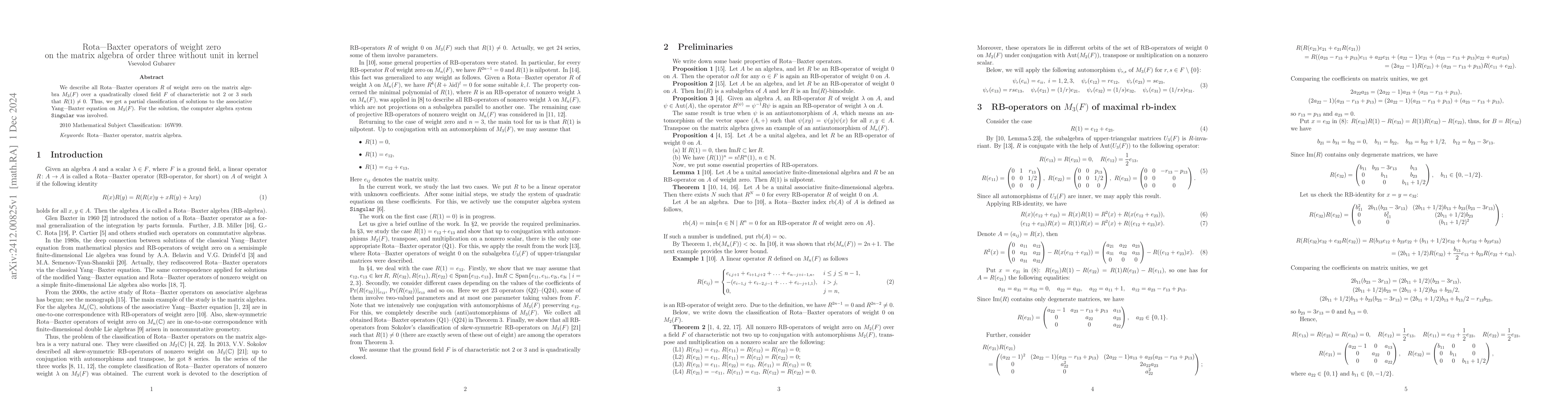 Thumbnail for Rota-Baxter operators of weight zero on the matrix algebra of order
  three without unit in kernel