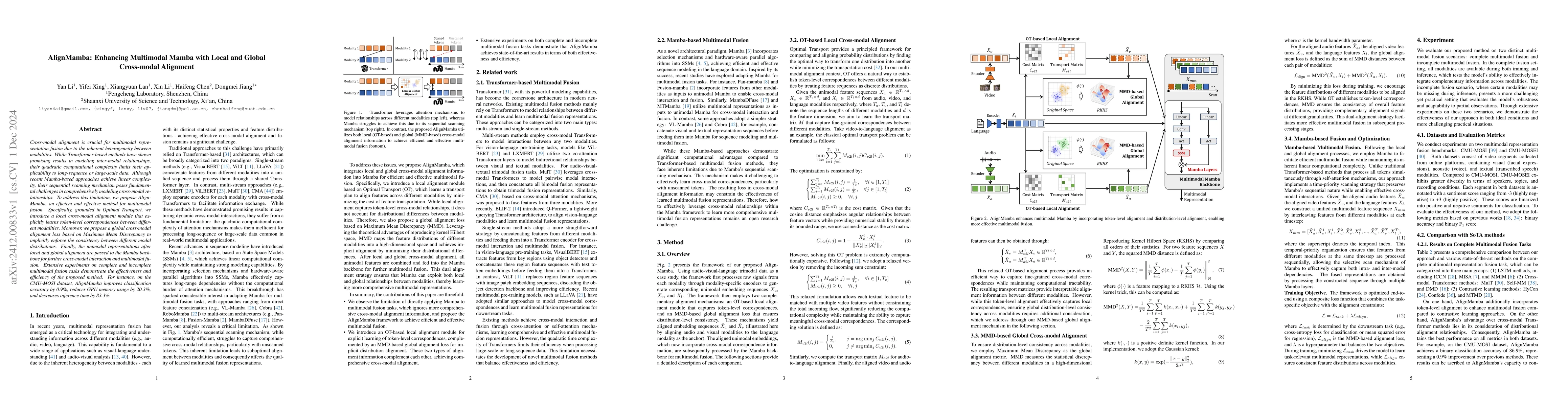 Thumbnail for AlignMamba: Enhancing Multimodal Mamba with Local and Global Cross-modal
  Alignment