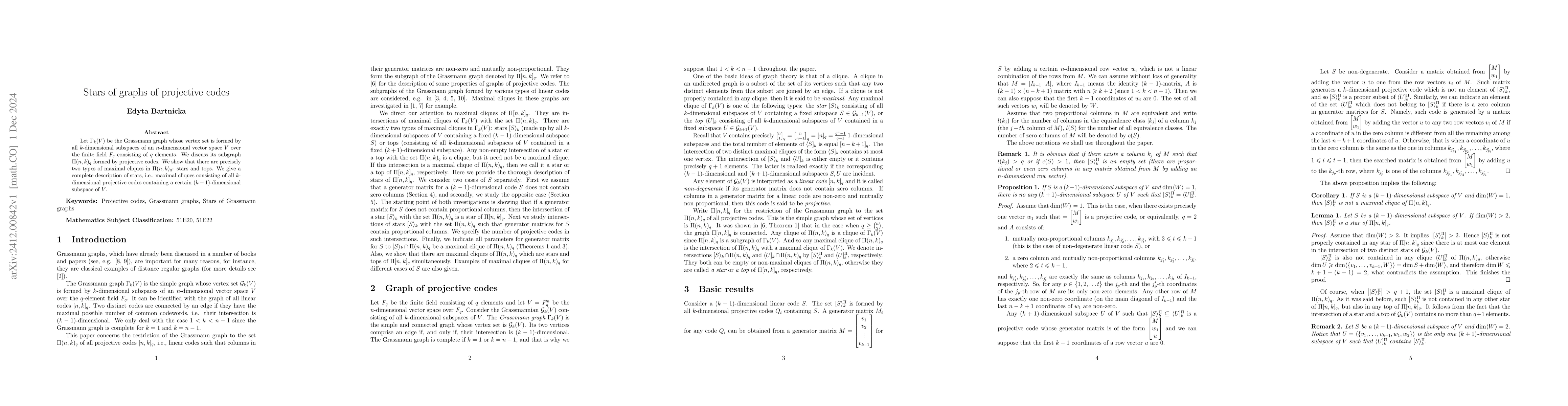 Thumbnail for Stars of graphs of projective codes