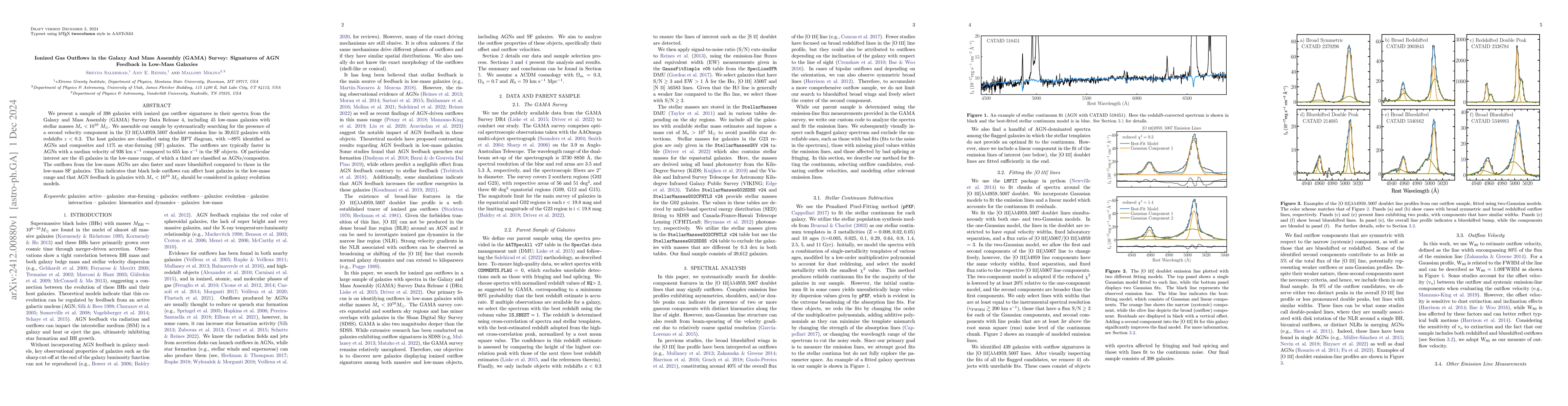 Thumbnail for Ionized Gas Outflows in the Galaxy And Mass Assembly (GAMA) Survey:
  Signatures of AGN Feedback in Low-Mass Galaxies