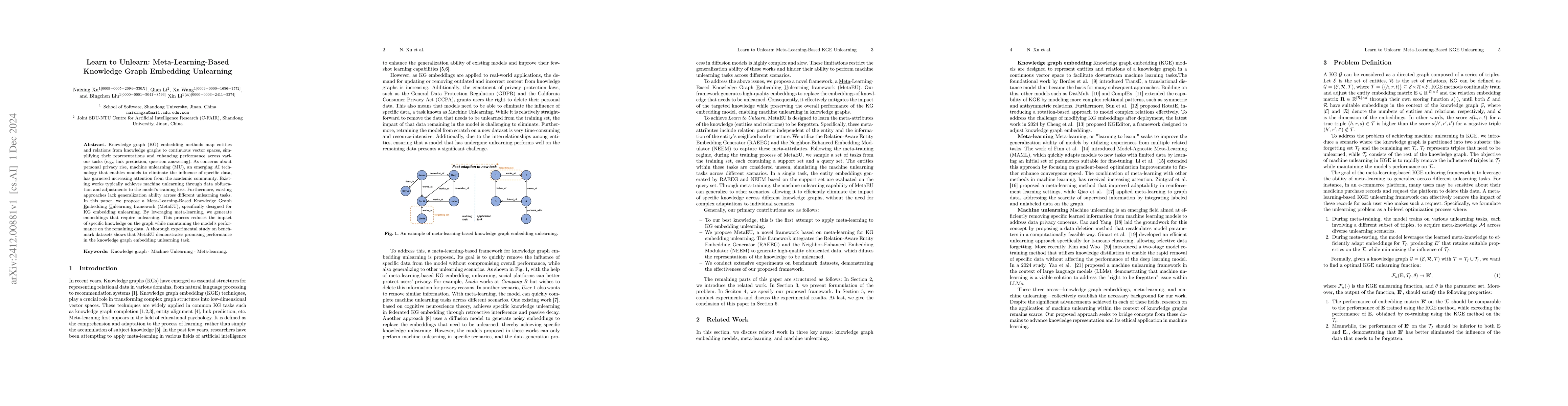 Thumbnail for Learn to Unlearn: Meta-Learning-Based Knowledge Graph Embedding
  Unlearning