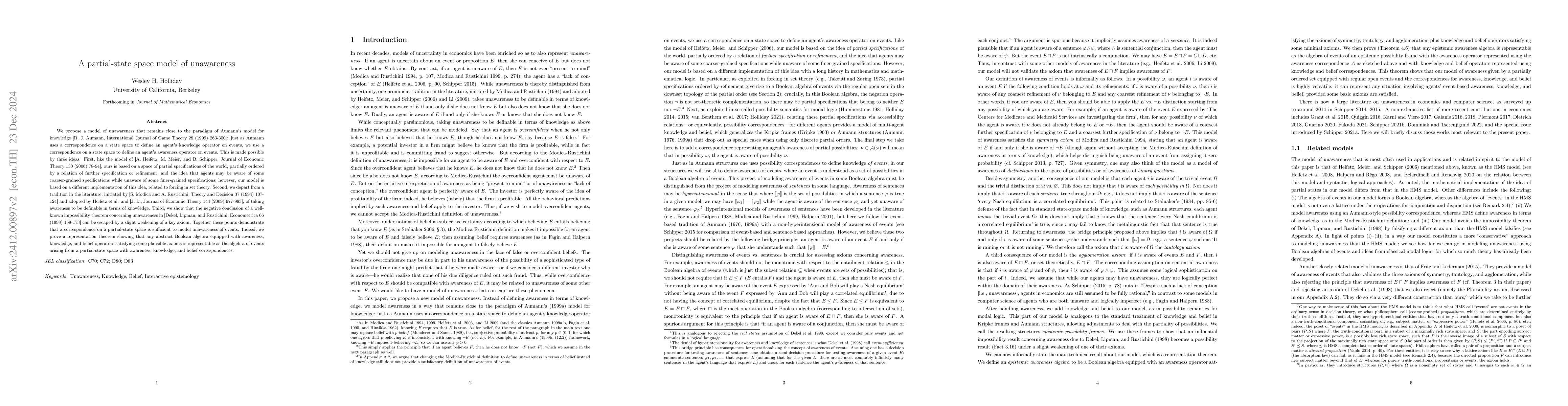 Thumbnail for A partial-state space model of unawareness