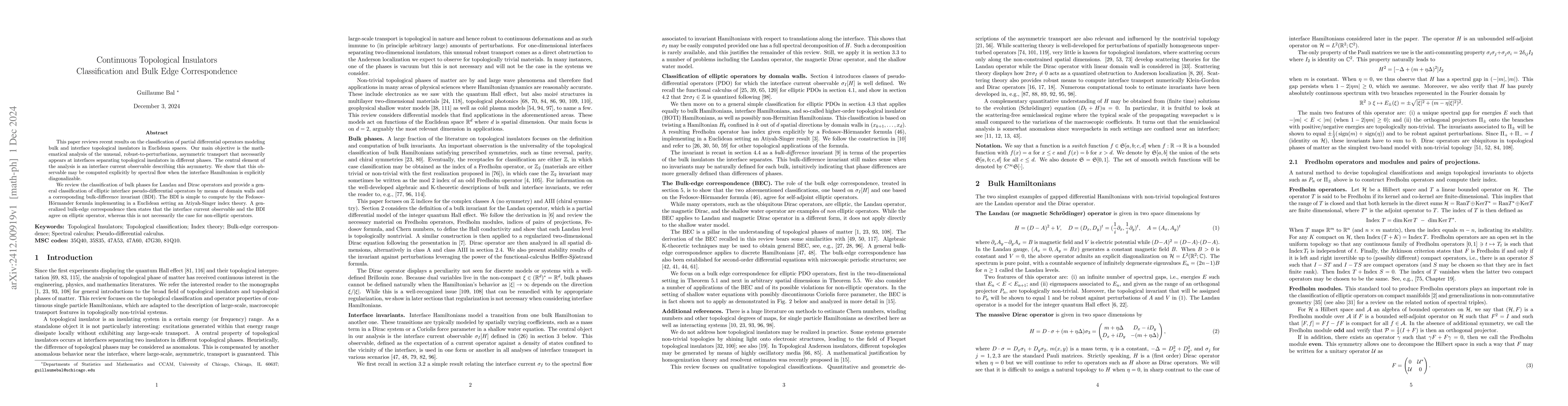 Thumbnail for Continuous Topological Insulators Classification and Bulk Edge
  Correspondence