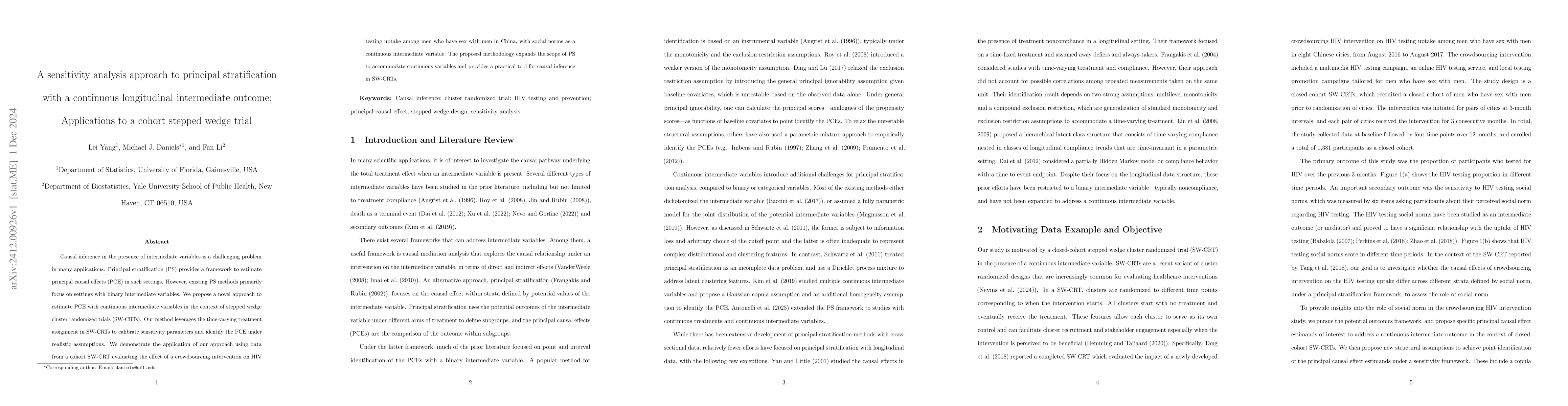 Thumbnail for A sensitivity analysis approach to principal stratification with a
  continuous longitudinal intermediate outcome: Applications to a cohort
  stepped wedge trial