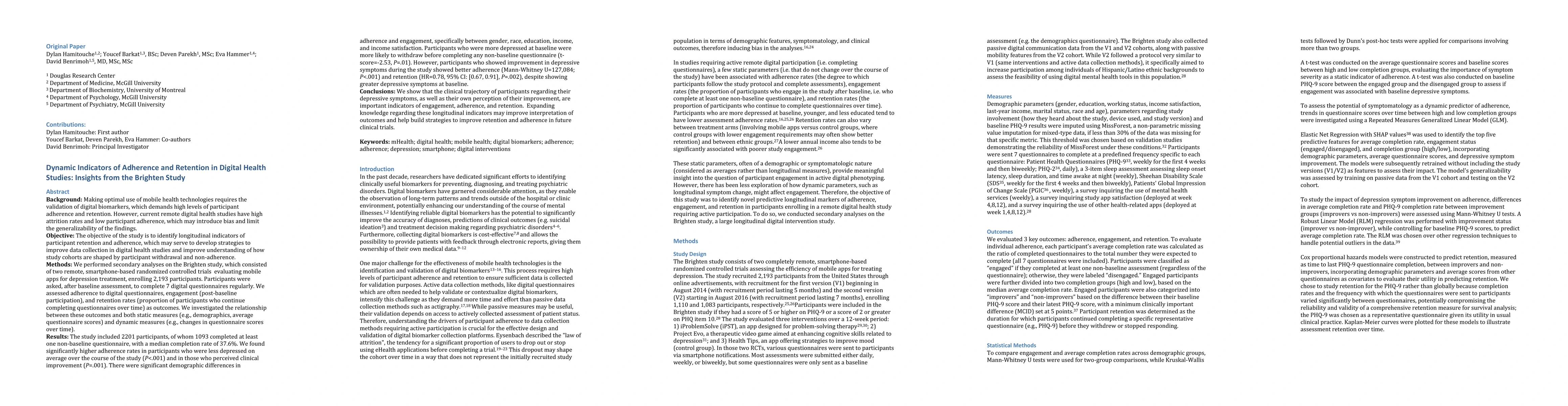 Thumbnail for Dynamic Indicators of Adherence and Retention in Digital Health Studies:
  Insights from the Brighten Study