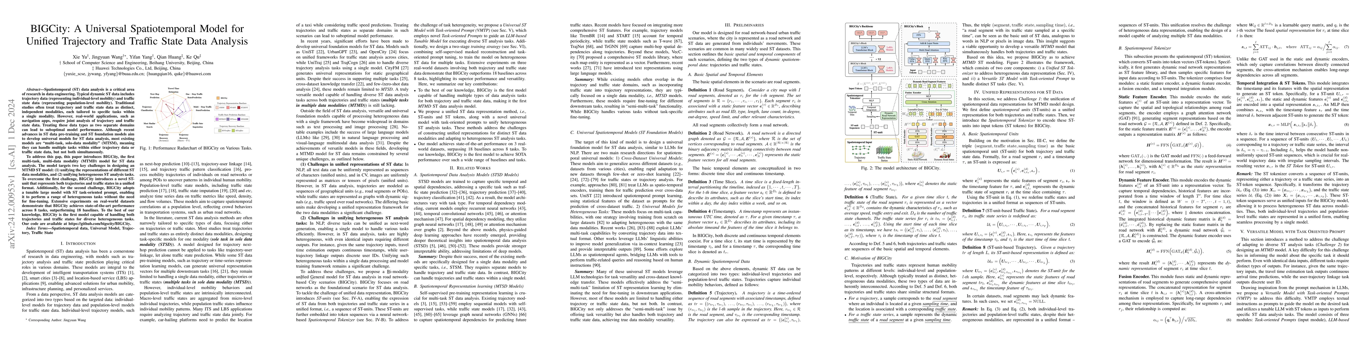Thumbnail for BIGCity: A Universal Spatiotemporal Model for Unified Trajectory and
  Traffic State Data Analysis