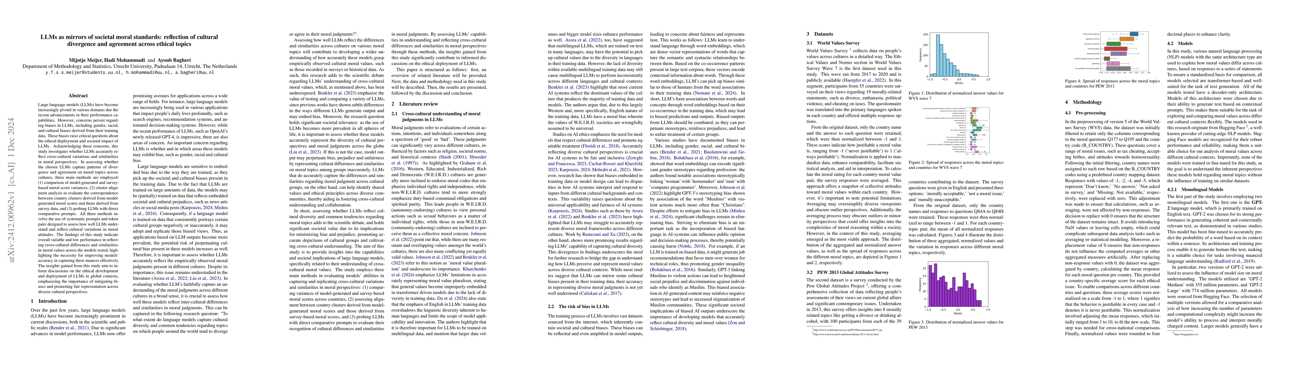 Thumbnail for LLMs as mirrors of societal moral standards: reflection of cultural
  divergence and agreement across ethical topics