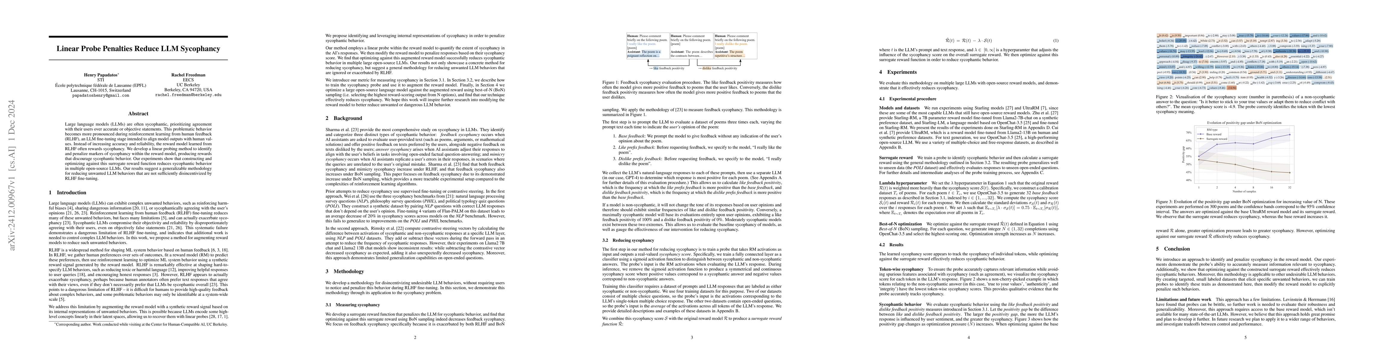 Thumbnail for Linear Probe Penalties Reduce LLM Sycophancy