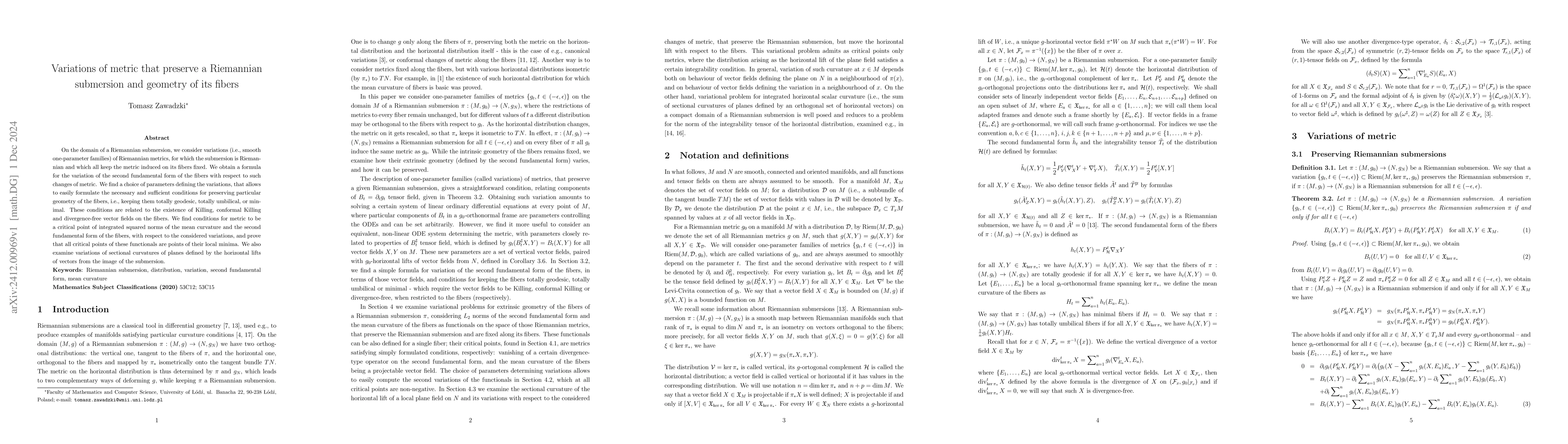 Thumbnail for Variations of metric that preserve a Riemannian submersion and geometry
  of its fibers
