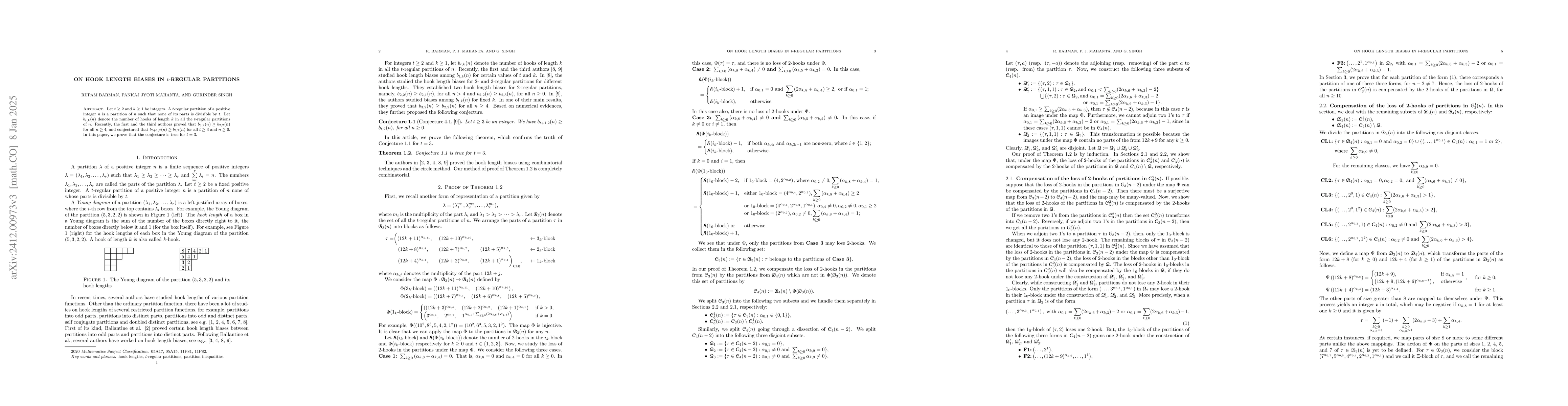 Thumbnail for On Singh and Barman's Conjecture on Hook Length Biases in $t$-Regular
  Partitions