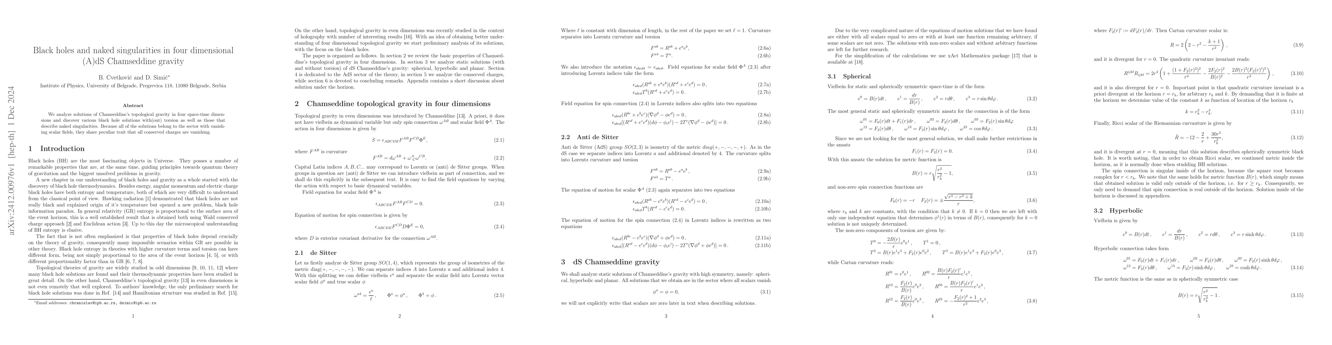 Thumbnail for Black holes and naked singularities in four dimensional (A)dS
  Chamseddine gravity