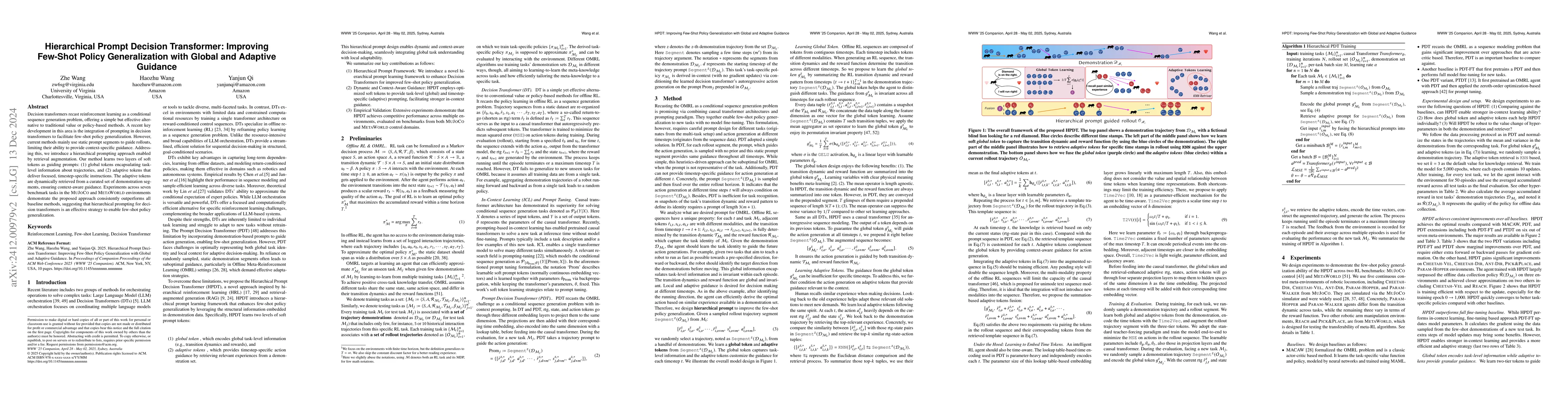 Thumbnail for Hierarchical Prompt Decision Transformer: Improving Few-Shot Policy
  Generalization with Global and Adaptive