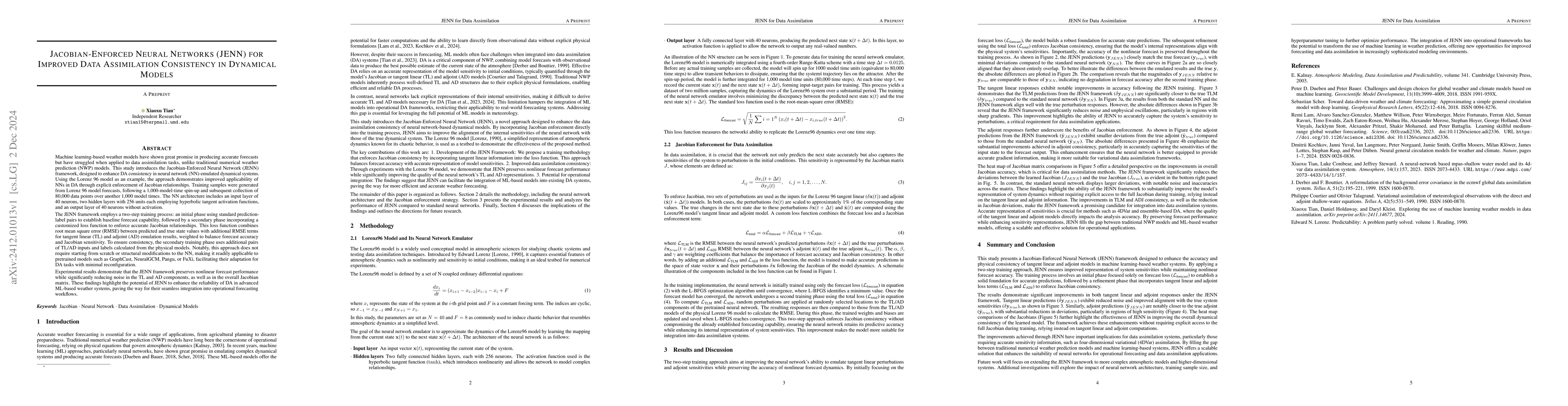 Thumbnail for Jacobian-Enforced Neural Networks (JENN) for Improved Data Assimilation
  Consistency in Dynamical Models