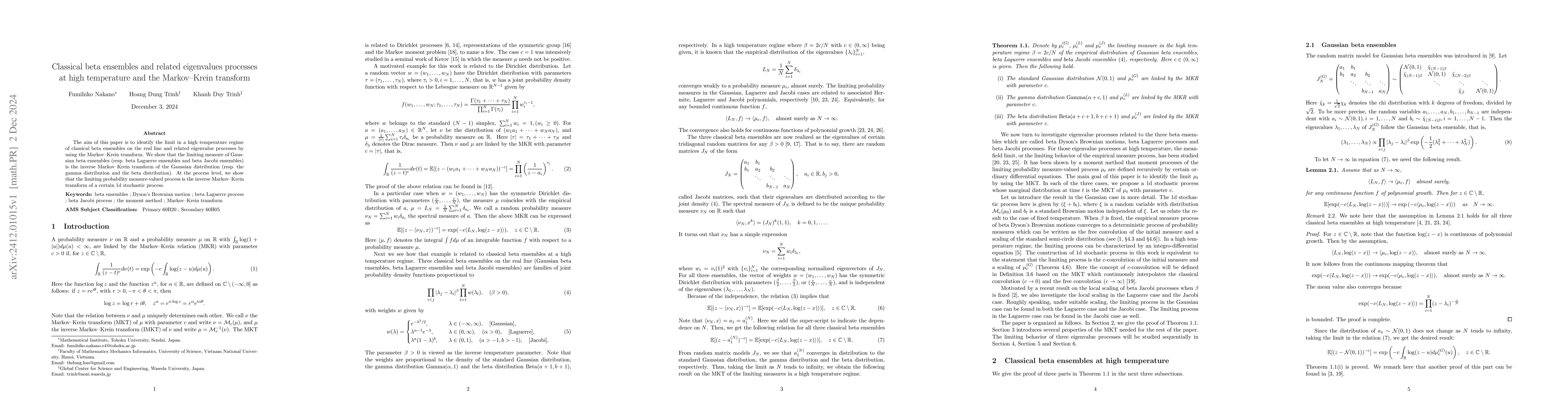 Thumbnail for Classical beta ensembles and related eigenvalues processes at high
  temperature and the Markov--Krein transform