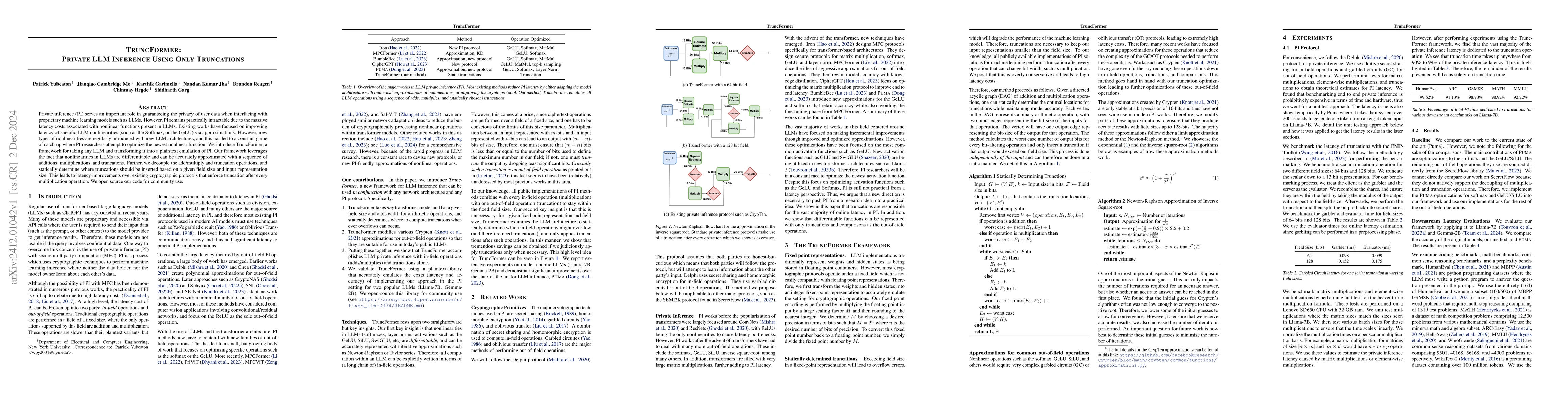 Thumbnail for TruncFormer: Private LLM Inference Using Only Truncations