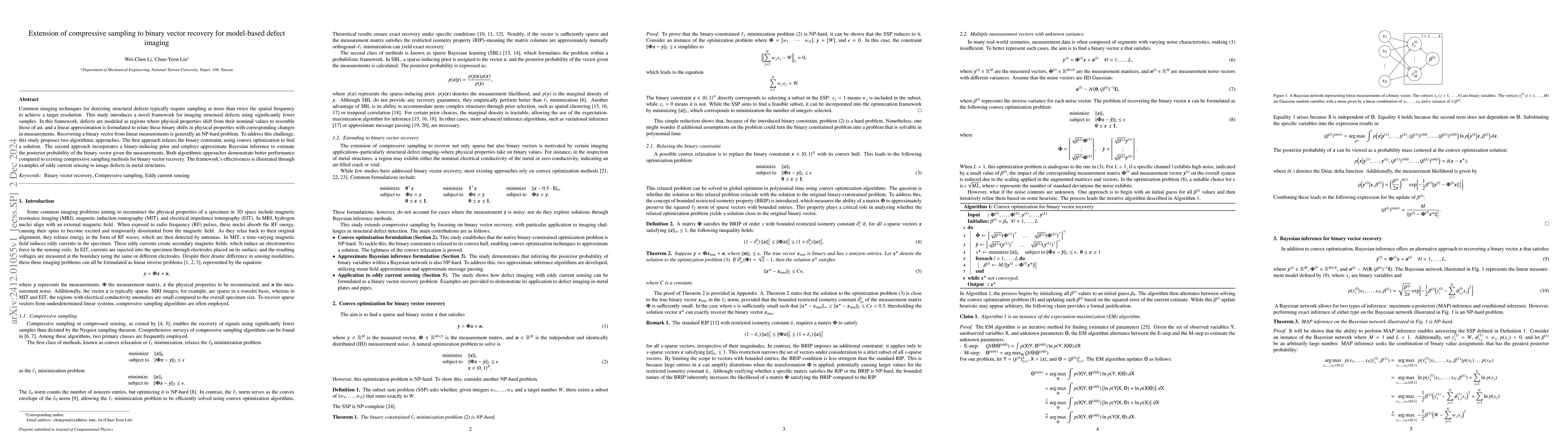 Thumbnail for Extension of compressive sampling to binary vector recovery for
  model-based defect imaging
