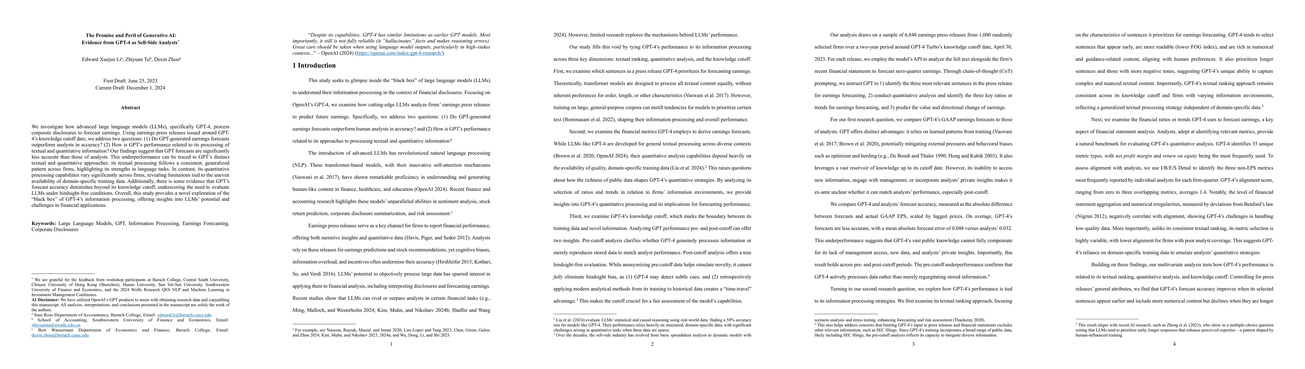 Thumbnail for The Promise and Peril of Generative AI: Evidence from GPT-4 as Sell-Side
  Analysts