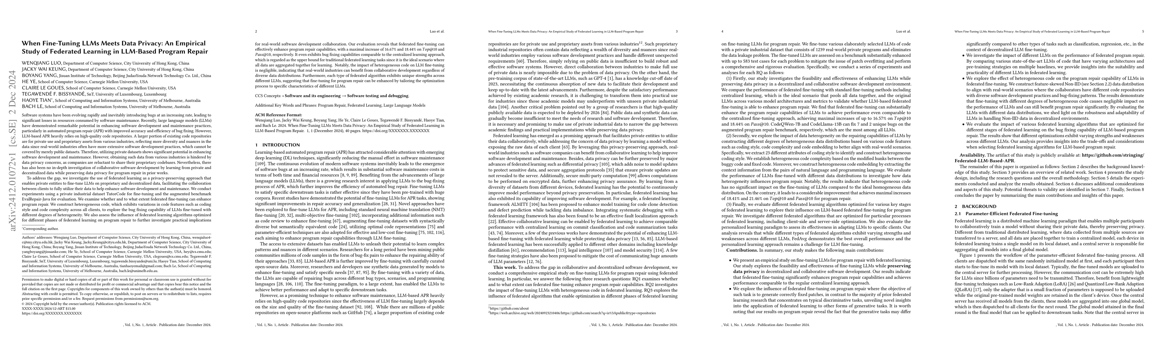 Thumbnail for When Fine-Tuning LLMs Meets Data Privacy: An Empirical Study of
  Federated Learning in LLM-Based Program Repair