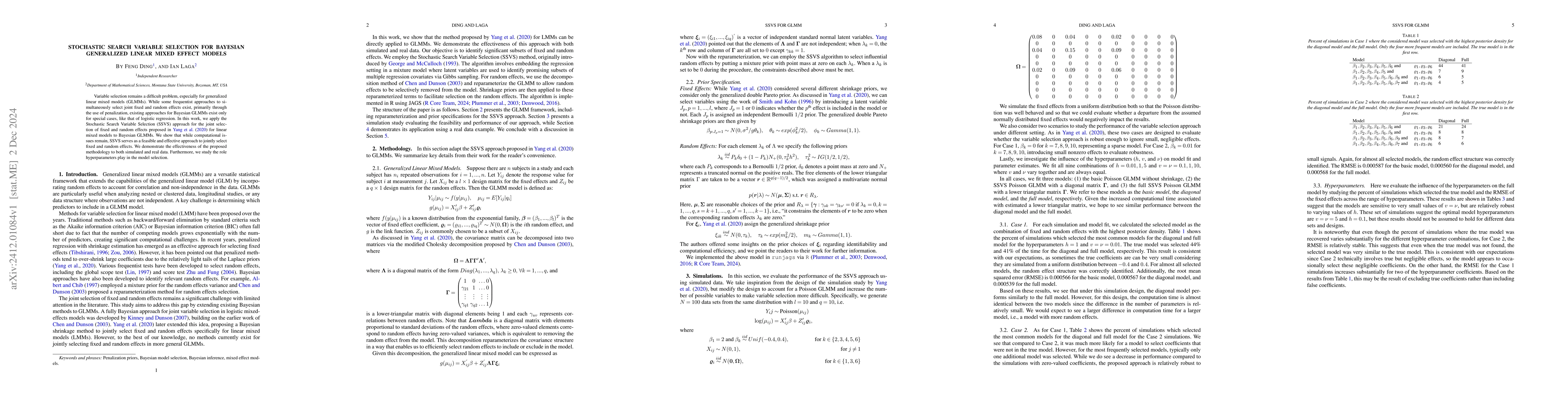 Thumbnail for Stochastic Search Variable Selection for Bayesian Generalized Linear
  Mixed Effect Models