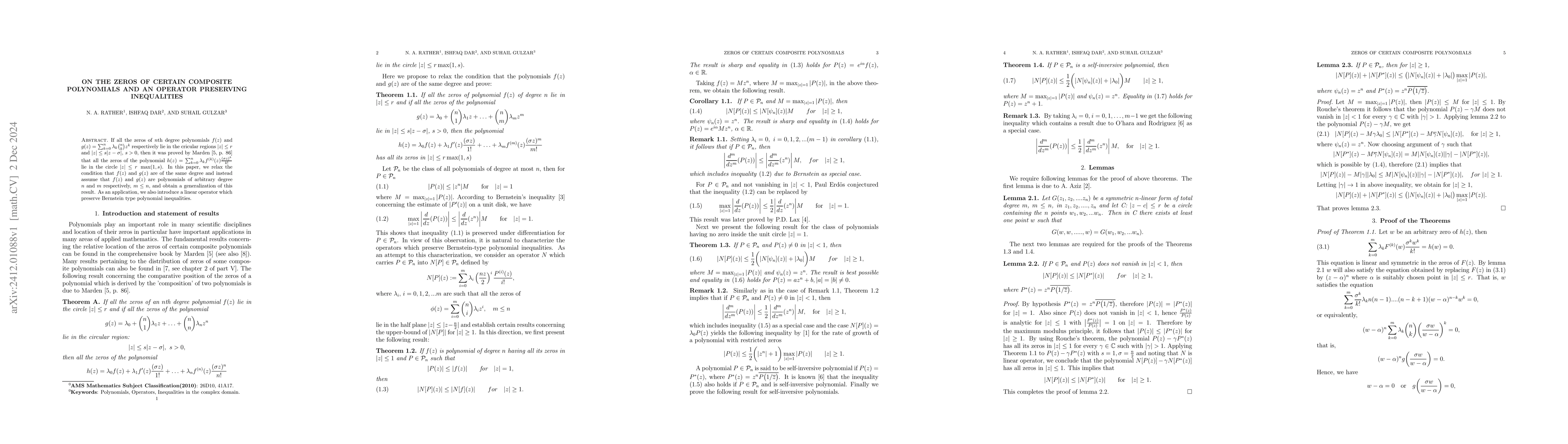 Thumbnail for On the zeros of certain composite polynomials and an operator preserving
  inequalities