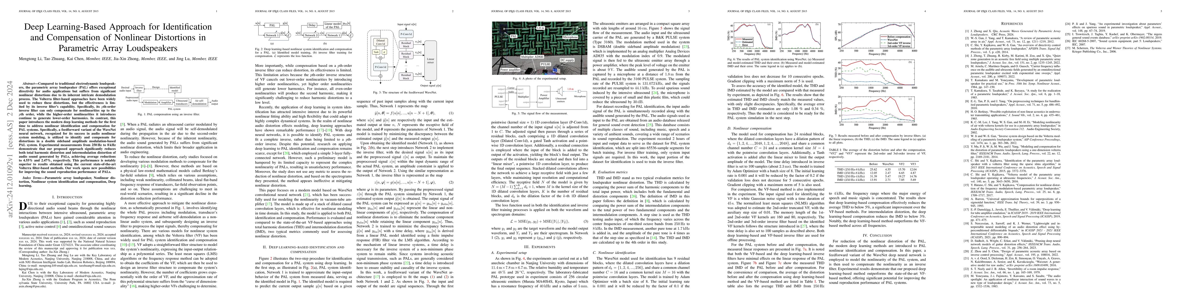 Thumbnail for Deep Learning-Based Approach for Identification and Compensation of
  Nonlinear Distortions in Parametric Array Loudspeakers