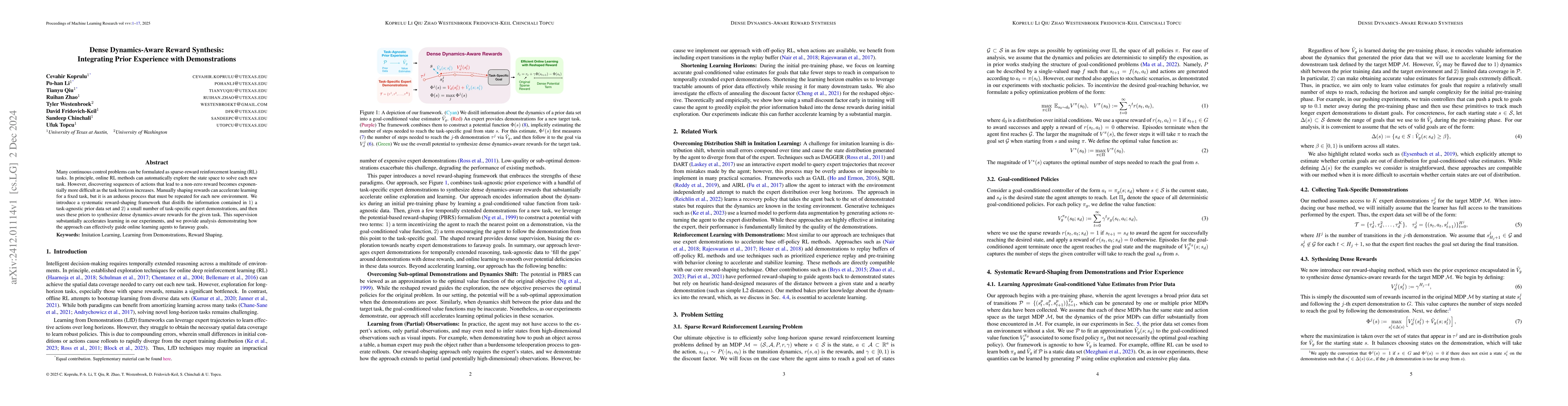 Thumbnail for Dense Dynamics-Aware Reward Synthesis: Integrating Prior Experience with
  Demonstrations