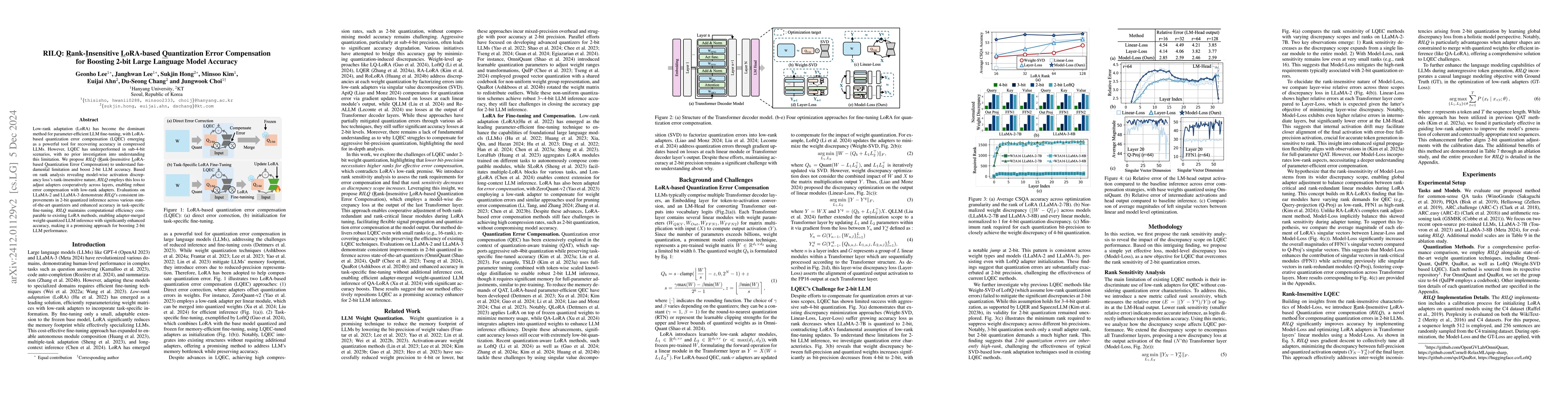 Thumbnail for RILQ: Rank-Insensitive LoRA-based Quantization Error Compensation for
  Boosting 2-bit Large Language Model Accuracy