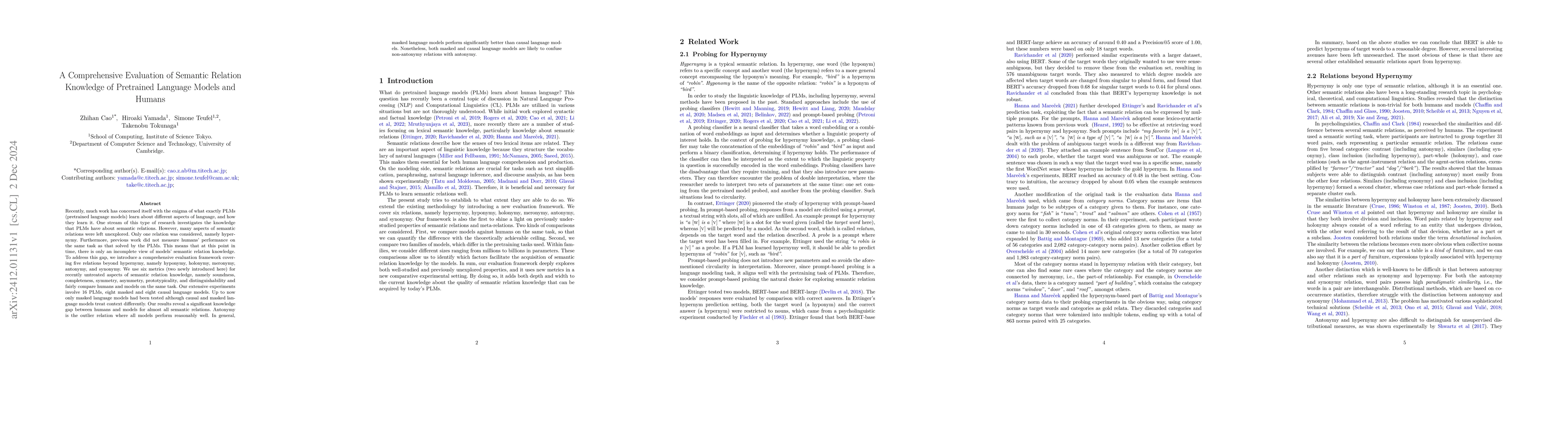 Thumbnail for A Comprehensive Evaluation of Semantic Relation Knowledge of Pretrained
  Language Models and Humans