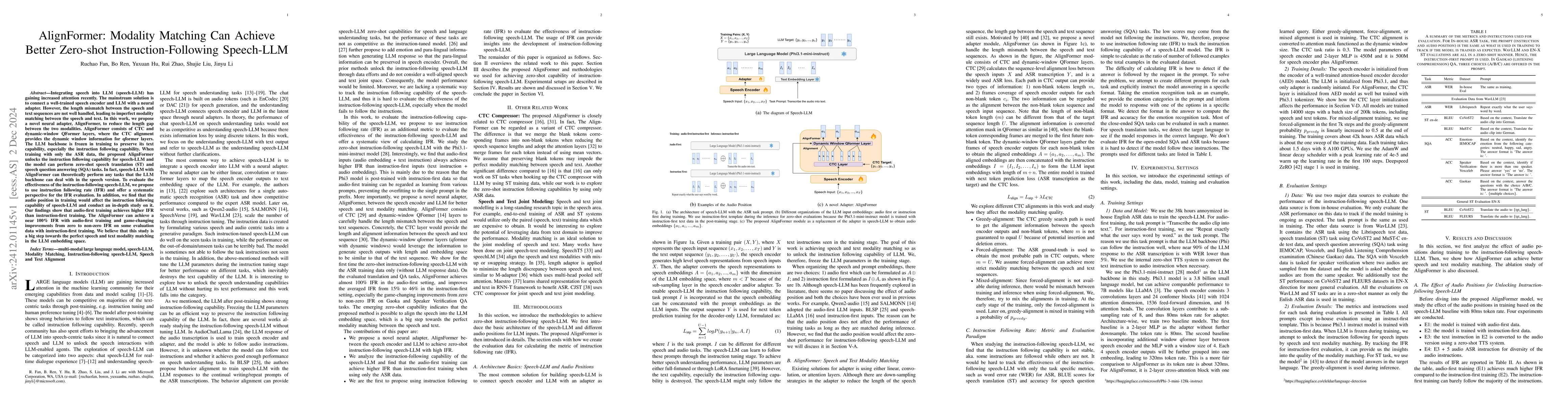 Thumbnail for AlignFormer: Modality Matching Can Achieve Better Zero-shot
  Instruction-Following Speech-LLM