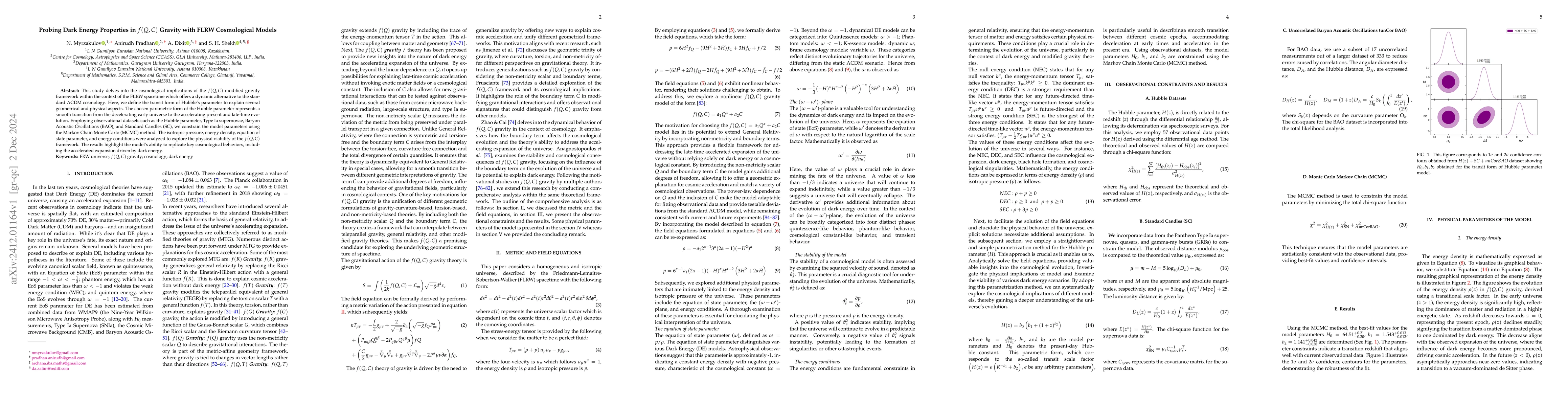 Thumbnail for Probing Dark Energy Properties in $f Q,C)$ Gravity with FLRW
  Cosmological Models