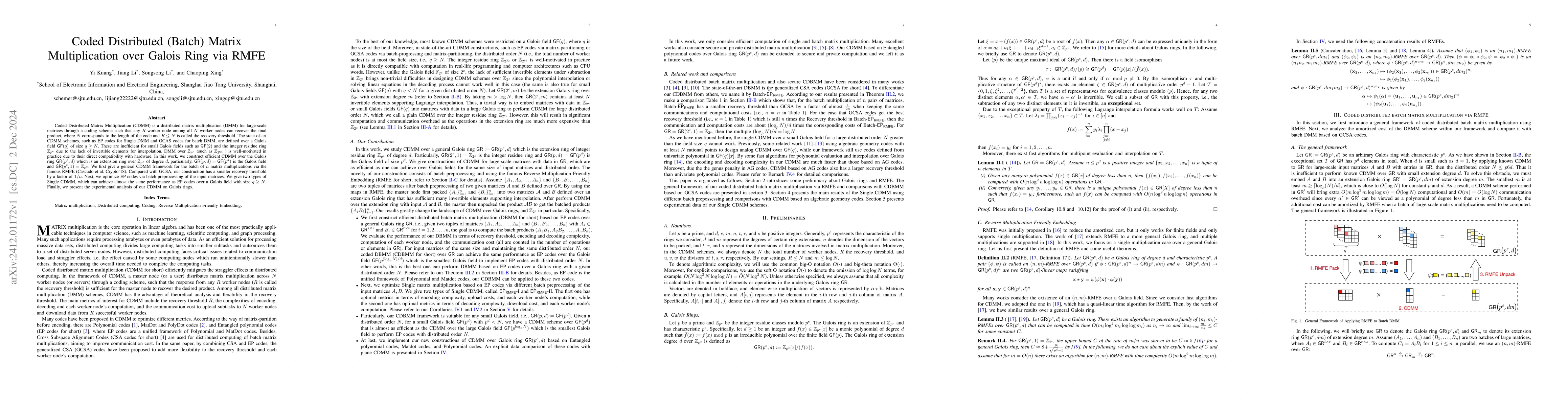 Thumbnail for Coded Distributed (Batch) Matrix Multiplication over Galois Ring via
  RMFE