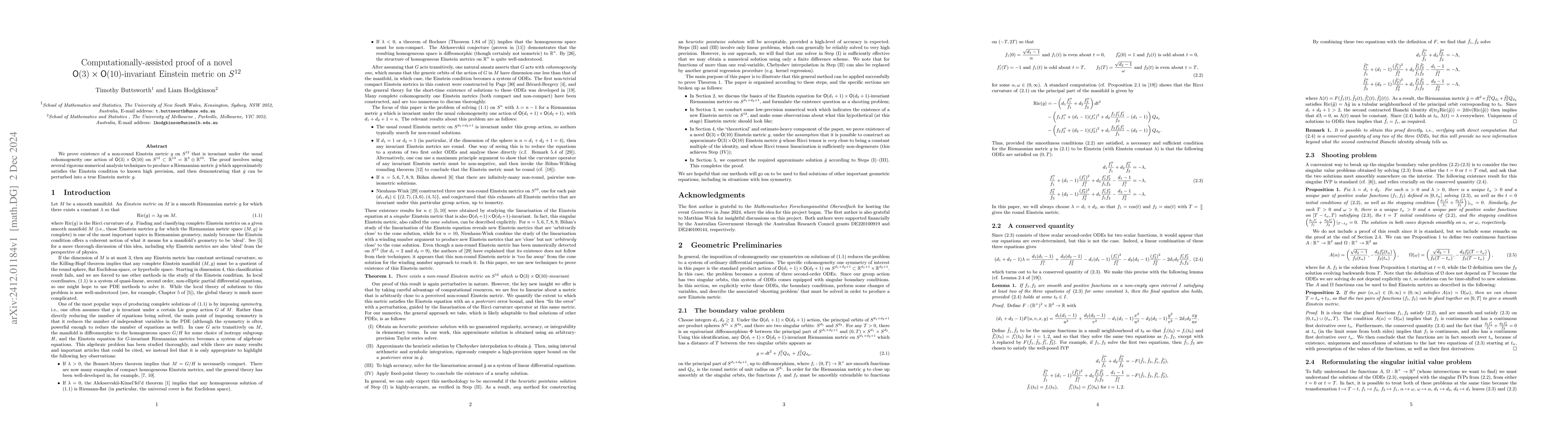 Thumbnail for Computationally-assisted proof of a novel $\mathsf{O}(3)\times
  \mathsf{O}(10)$-invariant Einstein metric on $S^{12}$