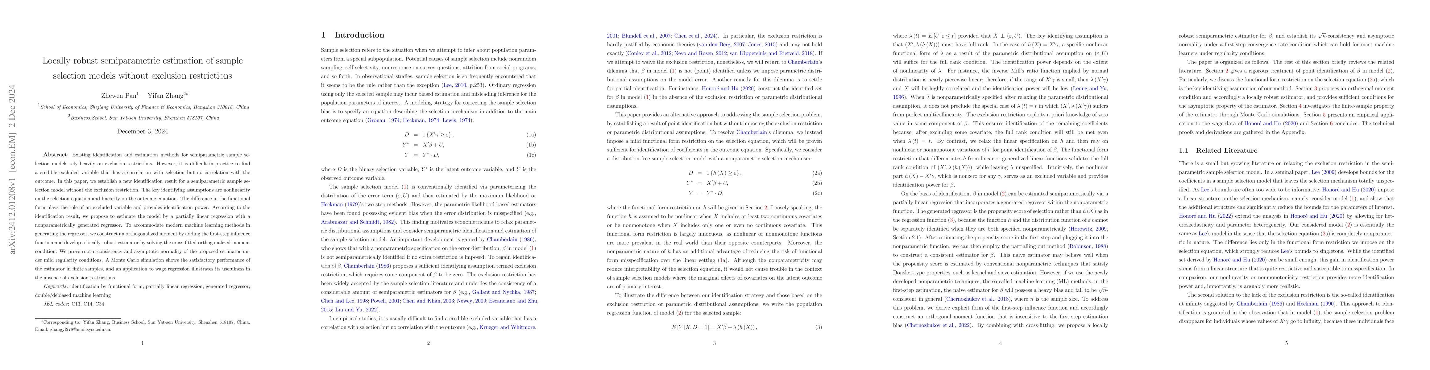 Thumbnail for Locally robust semiparametric estimation of sample selection models
  without exclusion restrictions