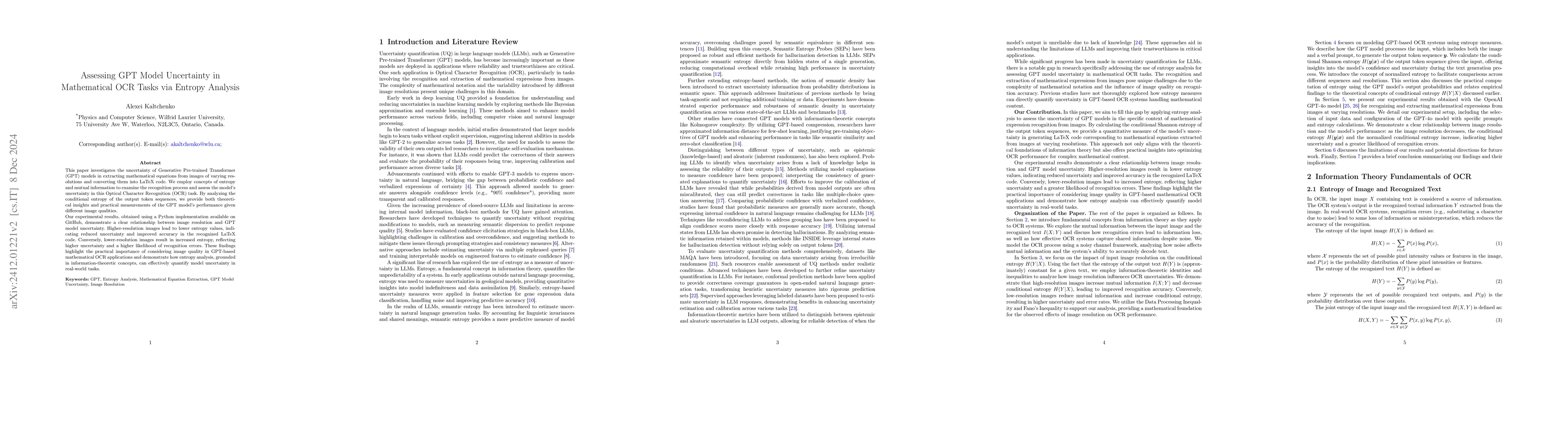 Thumbnail for Assessing GPT Model Uncertainty in Mathematical OCR Tasks via Entropy
  Analysis