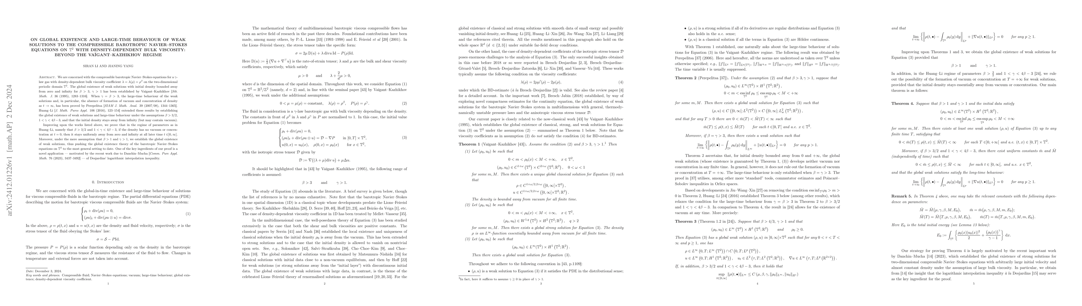 Thumbnail for On global existence and large-time behaviour of weak solutions to the
  compressible barotropic Navier--Stokes Equations on $\mathbb{T}^2$ with
  density-dependent bulk viscosity: beyond the Vaĭgant--Kazhikhov regime
