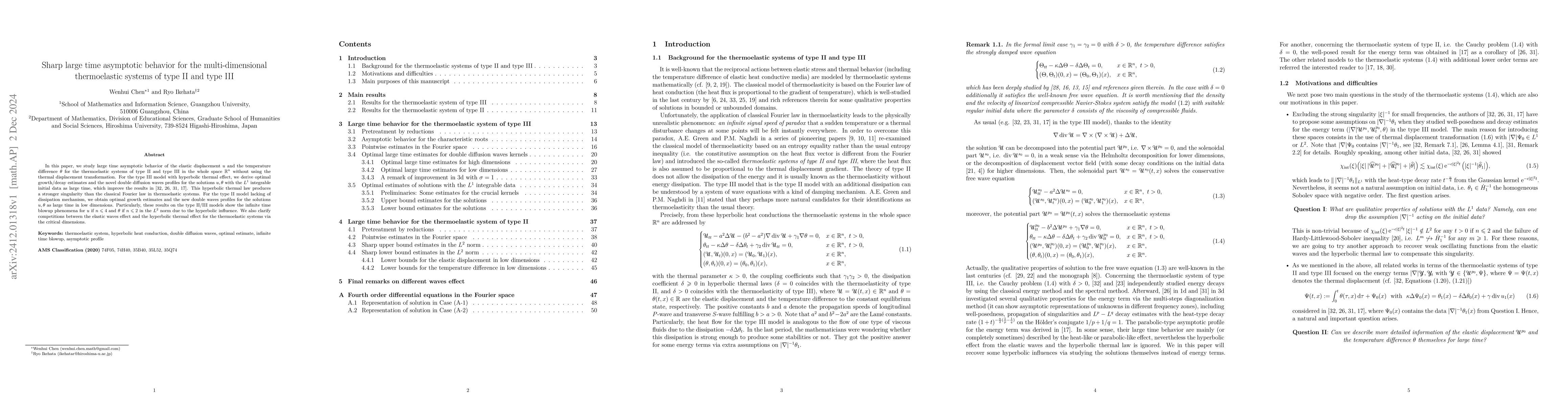 Thumbnail for Sharp large time asymptotic behavior for the multi-dimensional
  thermoelastic systems of type II and type III