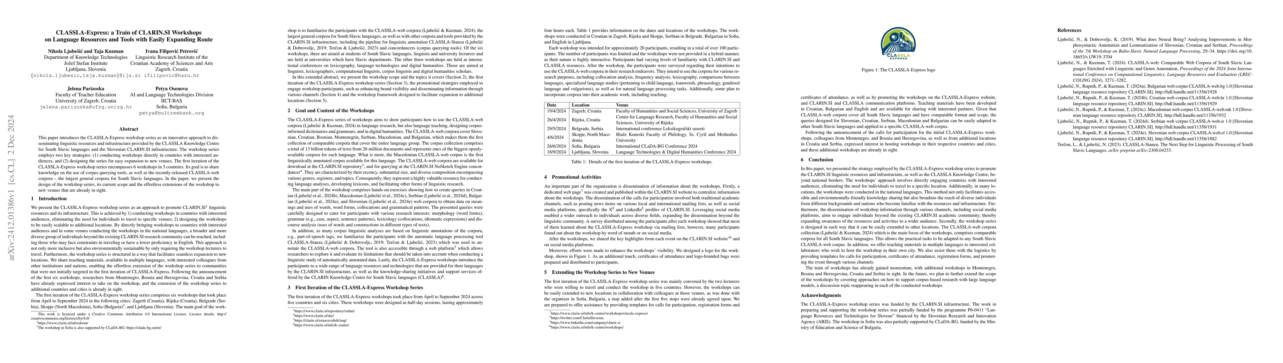 Thumbnail for CLASSLA-Express: a Train of CLARIN.SI Workshops on Language Resources
  and Tools with Easily Expanding Route