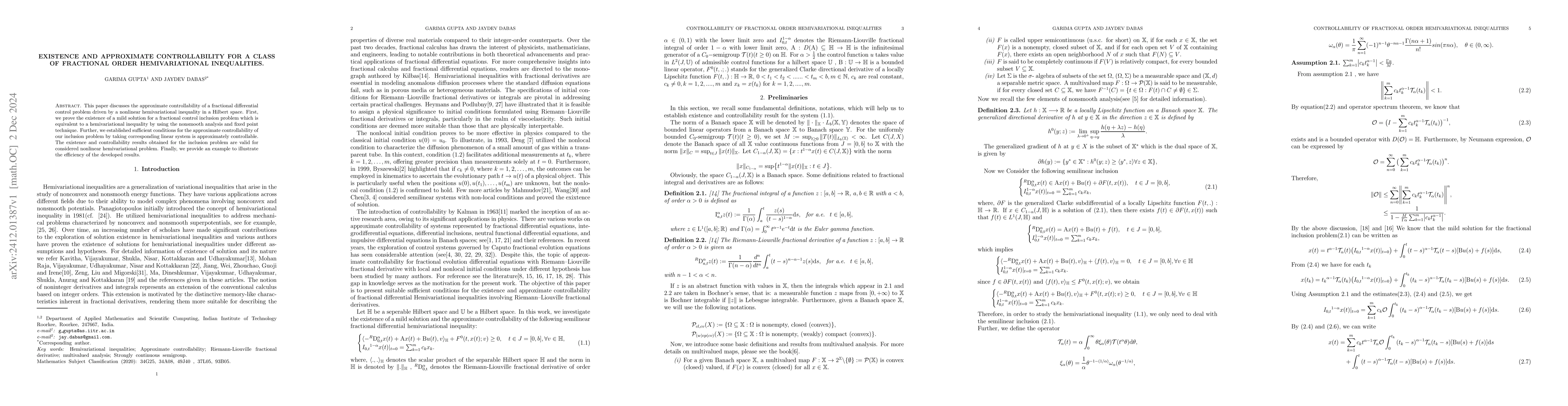 Thumbnail for Existence And Approximate Controllability for a class of Fractional
  Order Hemivariational Inequalities