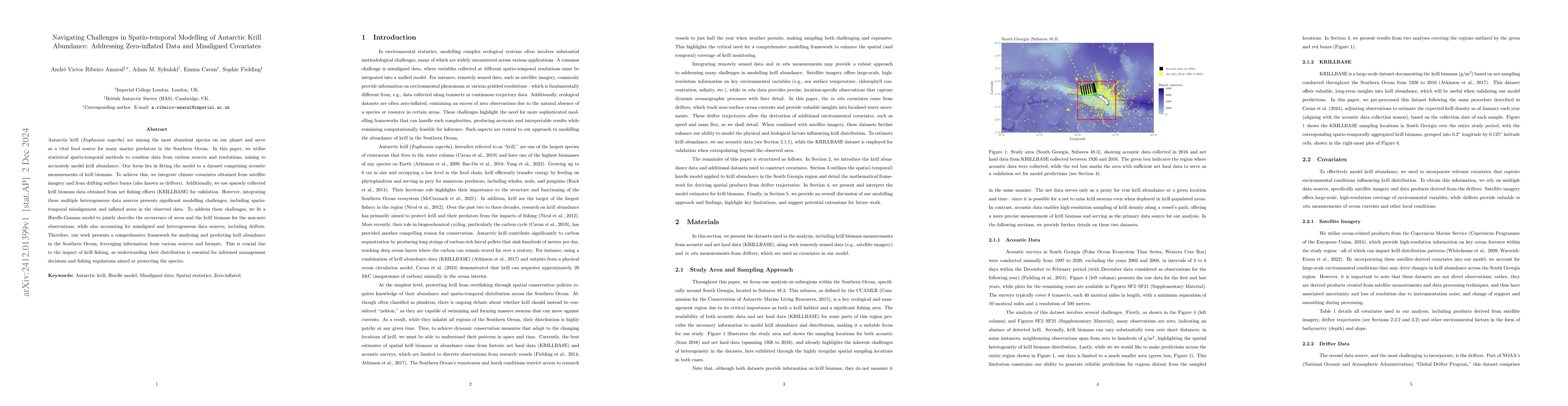 Thumbnail for Navigating Challenges in Spatio-temporal Modelling of Antarctic Krill
  Abundance: Addressing Zero-inflated Data and Misaligned Covariates