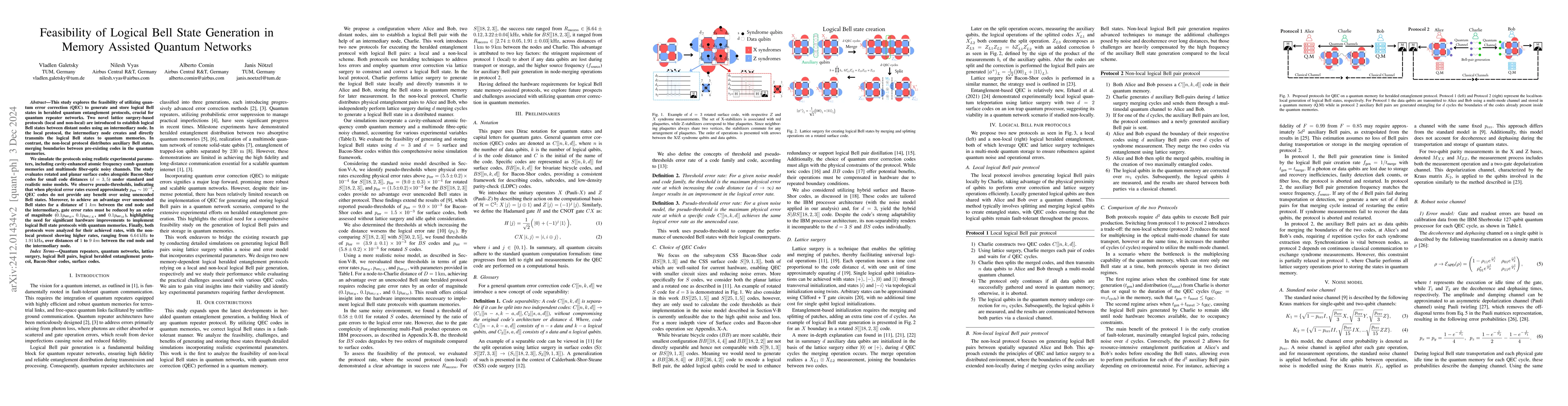 Thumbnail for Feasibility of Logical Bell State Generation in Memory Assisted Quantum
  Networks
