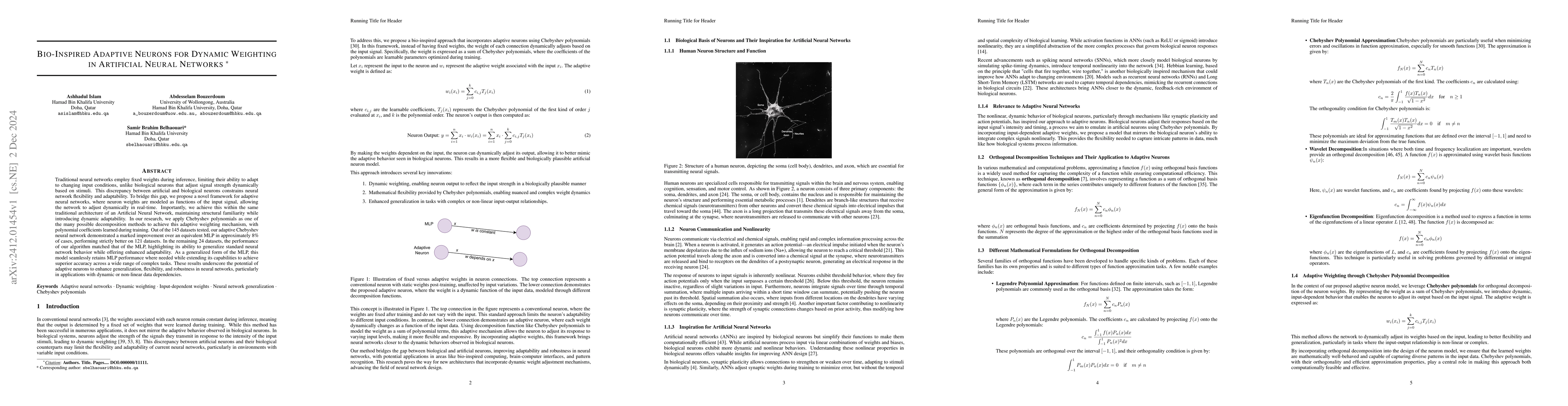 Thumbnail for Bio-Inspired Adaptive Neurons for Dynamic Weighting in Artificial Neural
  Networks