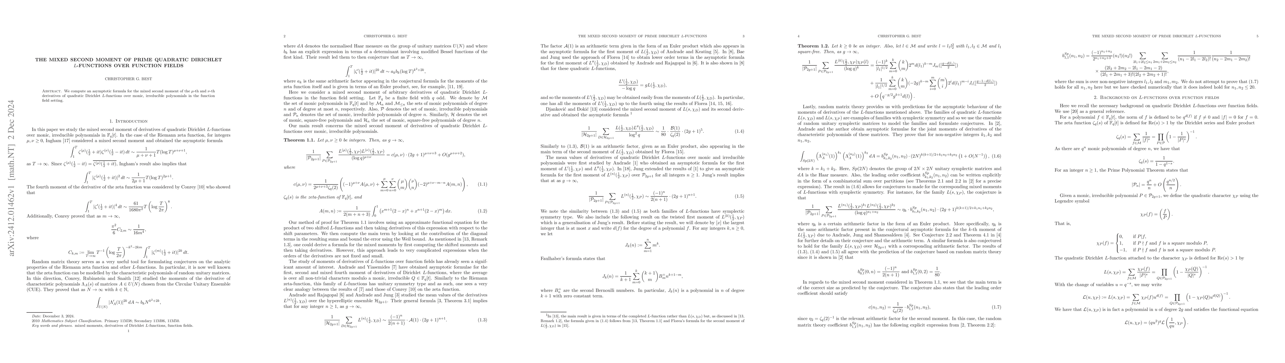 Thumbnail for The mixed second moment of prime quadratic Dirichlet $L$-functions over
  function fields