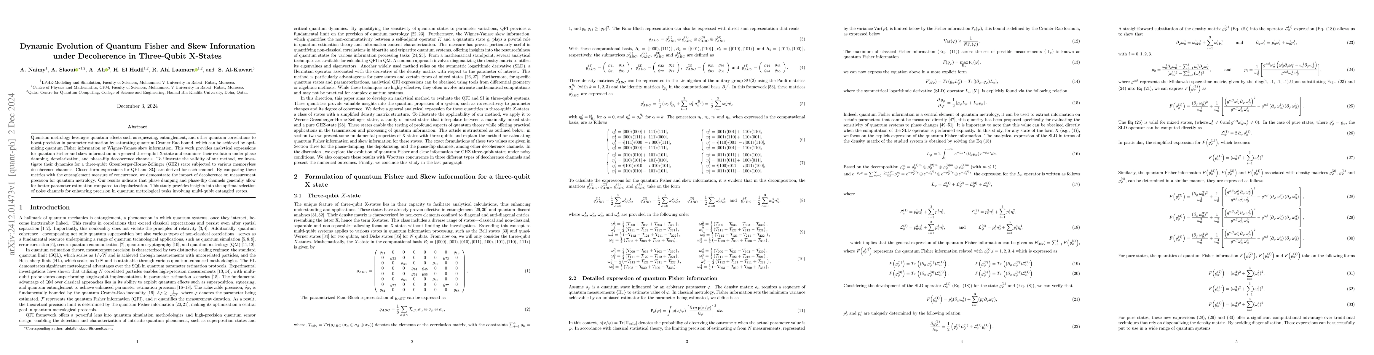 Thumbnail for Dynamic Evolution of Quantum Fisher and Skew Information under
  Decoherence in Three-Qubit X-States