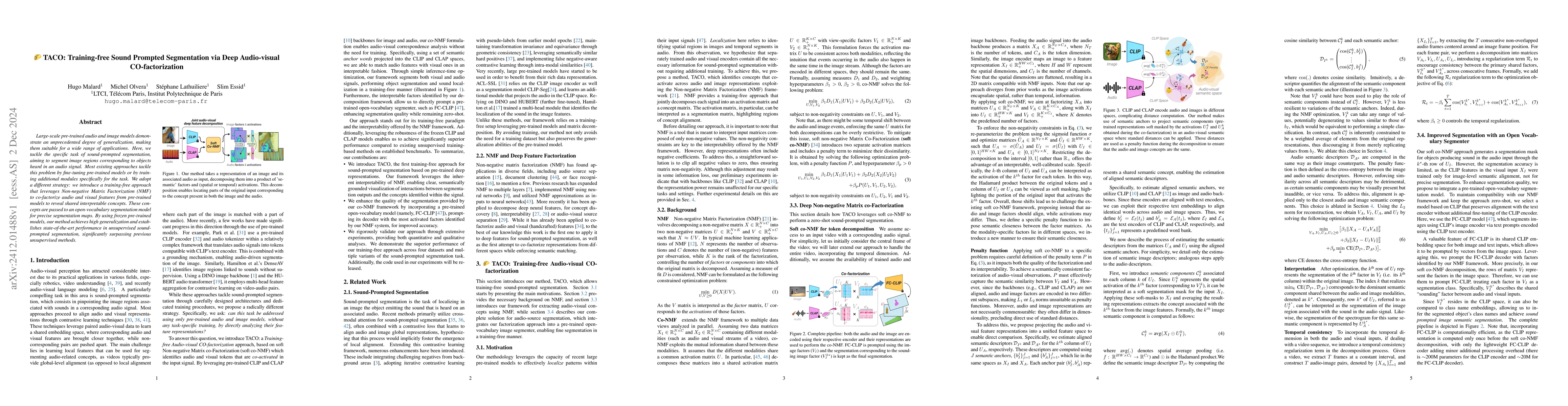 Thumbnail for TACO: Training-free Sound Prompted Segmentation via Deep Audio-visual
  CO-factorization