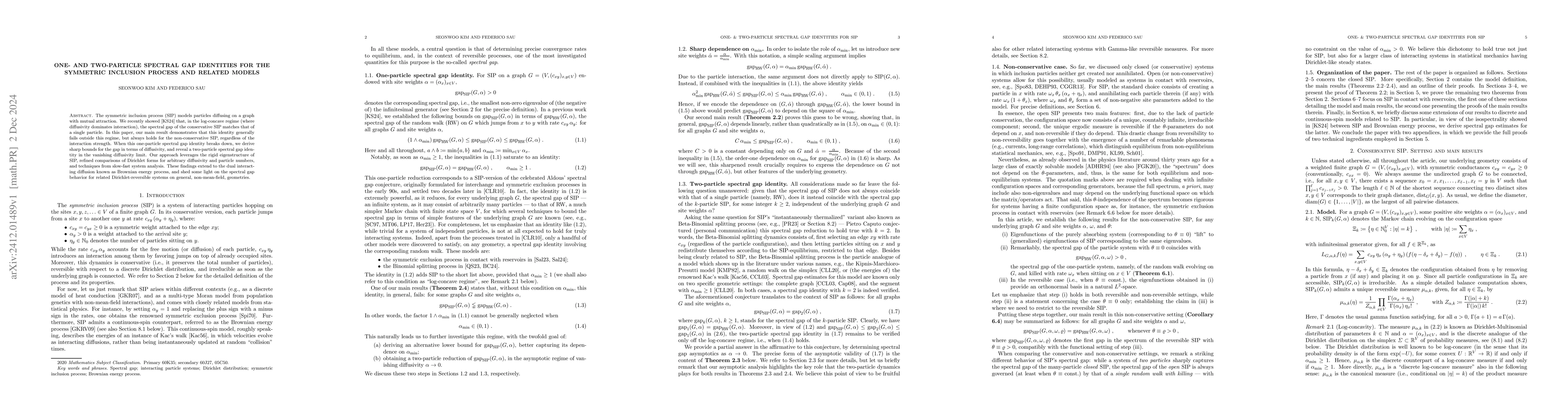Thumbnail for One- and two-particle spectral gap identities for the symmetric
  inclusion process and related models