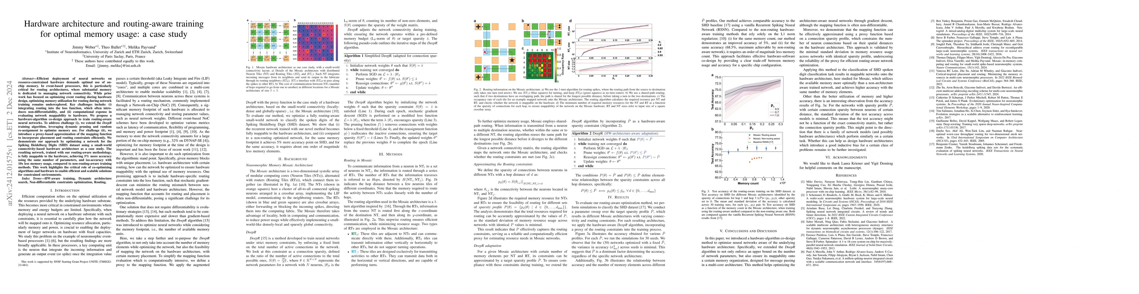 Thumbnail for Hardware architecture and routing-aware training for optimal memory
  usage: a case study