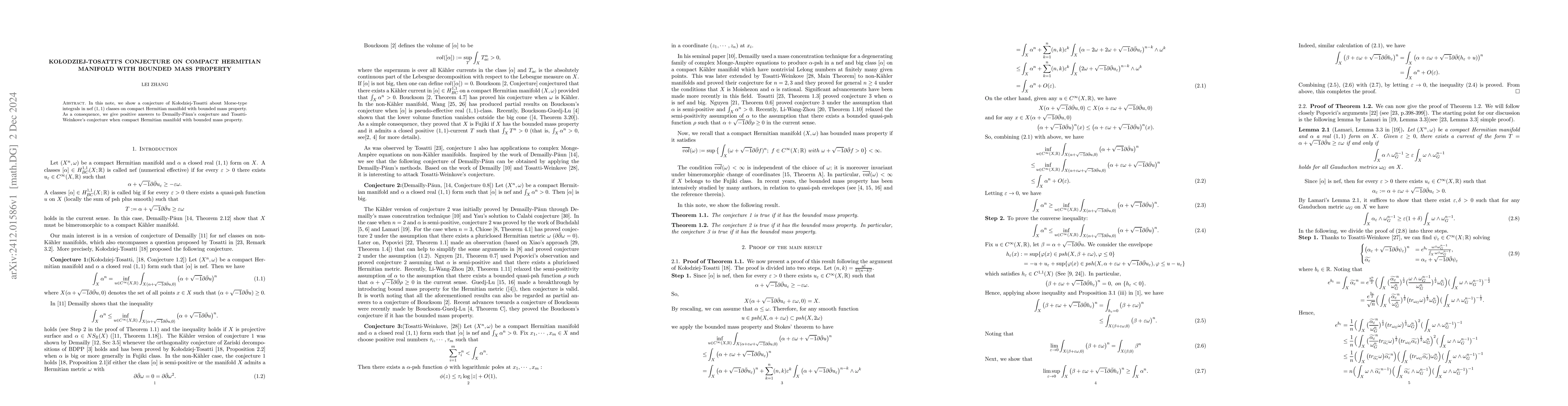 Thumbnail for Kołodziej-Tosatti's conjecture on compact Hermitian manifold with
  bounded mass property