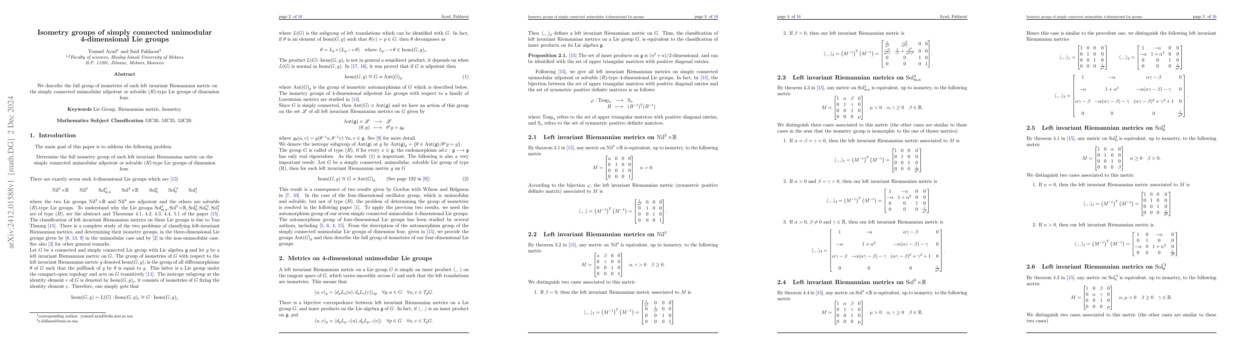Thumbnail for Isometry groups of simply connected unimodular 4-dimensional Lie groups