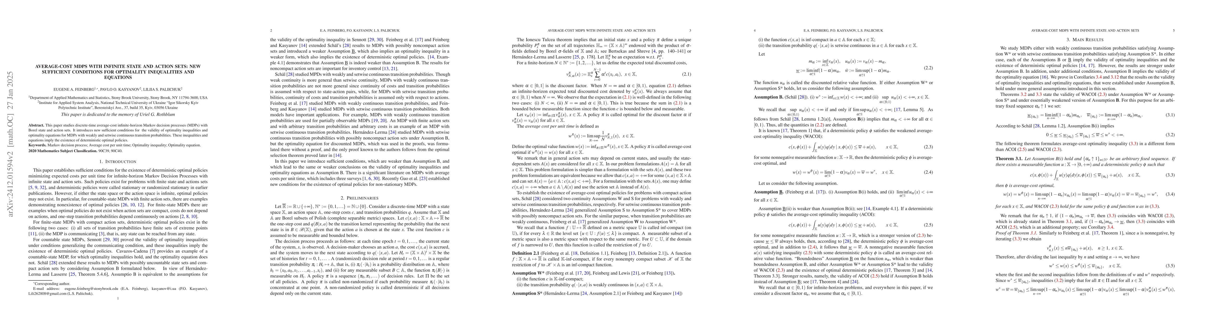 Thumbnail for Average-Cost MDPs with Infinite State and Action Sets: New Sufficient
  Conditions for Optimality Inequalities and Equations